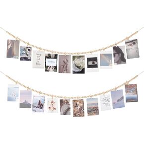 Mkono Hanging Photo Display with Clips, Boho Wooden Bead Garland Banner, Collage Card Picture Kids Art Holder String with 9 Clips for Bedroom, Living Room, Office, Dorm Decor, Teen Girl Gifts, 2 Pack