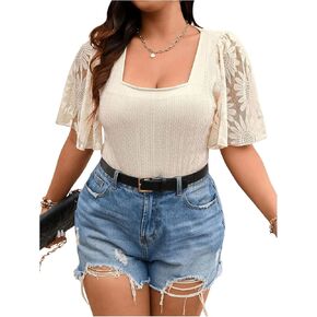 SOLY HUX Women's Plus Size Floral Lace Swing Short Sleeve Bodysuit Square Neck Fitted Leotard Tee Shirts