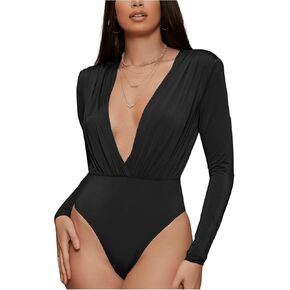 MakeMeChic Women's Casual Plunging Neck Long Sleeve Bodysuit Ruched Front Leotard Shirt Tops