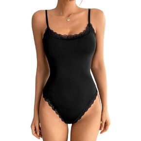 Milumia Women's Sexy Square Neck Lace Trim Spaghetti Strap Cami Bodysuit Jumpsuit Tops