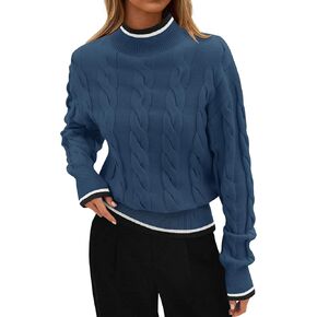 ZESICA Women's 2024 Casual Long Sleeve Mock Neck Cable Knit Contrast Color Fall Winter Chunky Pullover Sweater