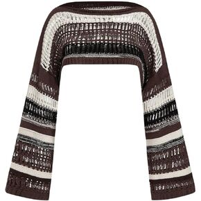 SHENHE Women's Crop Sweater Crochet Hollow Out Cover Up Top Long Sleeve Striped Drop Shoulder Pullovers