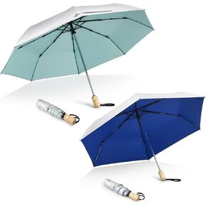 G4Free UPF 50+ UV Protection Travel Umbrella with Wooden Handle 42 Inch Lightweight Sun Rain Folding Umbrellas Auto Open Close