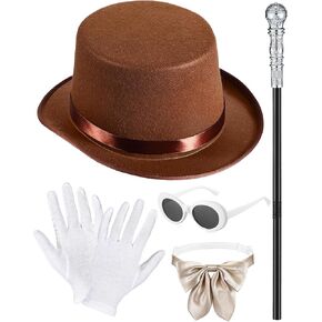 5 Pcs Top Hat Costume Set for Kids Brown Top Hat Walking Scepter Bow Tie Gloves Retro Sunglasses for Halloween Cosplay Party Accessories