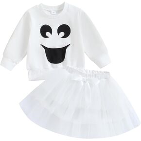 Ayalinggo Baby Girl Halloween Costume Ghost Sweatshirt Ruffle Layered Tulle Tutu Dresses Skirt 2pcs Toddler Kids Clothes