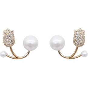 Tulip Pearl Earrings Pink Flower Stud Earrings for Woman Tulip Stud Earrings Flower Cuff Jacket Front Back Earring Floral Jewelry