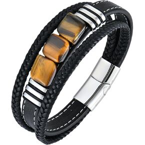 STARCHENIE Multi Strand Bracelet for Men Square Authentic Tiger Eye Black Braided Leather Mens Bracelet and Stainless Steel Buckle