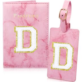 Bridesmaid Proposal Gifts 2 Pack Pink Passport Holder Initial Lugguage Tag Set Marble Passport Case Travel Suitcase Tag Leather Passport Wallet Cover for Bachelorette Party Favors Bridal Party