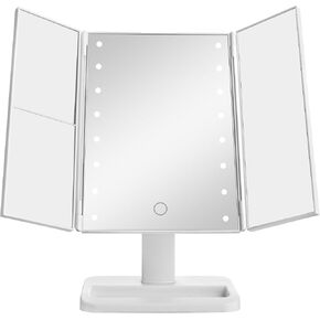 MELANNCO White Tri Fold LED Vanity Mirror, 3 Magnifications and Dimmable LED Lights, Lighted Makeup Mirror, Touch Control
