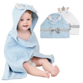2 Pack Baby Hooded Towels, Premium Soft Cotton Baby Bath Towels with Hood, Extra Thick and Super Absorbent, Essential for Newborns, Infants and Toddlers (Blue Elephant & White Unicorn)