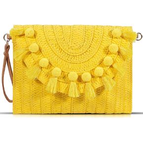 Straw Crossbody Bag for Women, Clutch Purses, Bohemian Handmade Woven Handbags, Tassels Summer Beach Bag, Envelope Wallet (Yellow)
