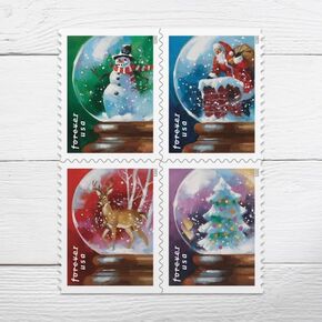 2023 Snow Globes (5 Booklets, 100 Total Stamps) First Class Forever Postage Stamps (A Snowman, Santa Claus Poised on a Chimney, a Majestic Deer, and a Christmas Tree)