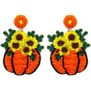 Beaded Pumkin Sunflower Post Earrings; Handmade Harvest Earrings Thanksgiving