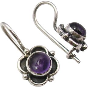925 Solid Silver Purple Cabochon Amethyst February Birthstone Earrings 0.7"