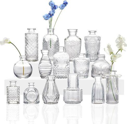 مجموعة مزهرية زجاجية مكونة من 15 قطعة، مزهرية صغيرة للزهور، زجاجات شفافة عتيقة لطيفة لديكور المنزل، مزهريات صغيرة للقطع المركزية، ديكورات الزفاف الريفية، تزيين الطاولة in Kuwait