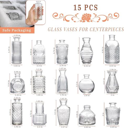 مجموعة مزهرية زجاجية مكونة من 15 قطعة، مزهرية صغيرة للزهور، زجاجات شفافة عتيقة لطيفة لديكور المنزل، مزهريات صغيرة للقطع المركزية، ديكورات الزفاف الريفية، تزيين الطاولة in Kuwait