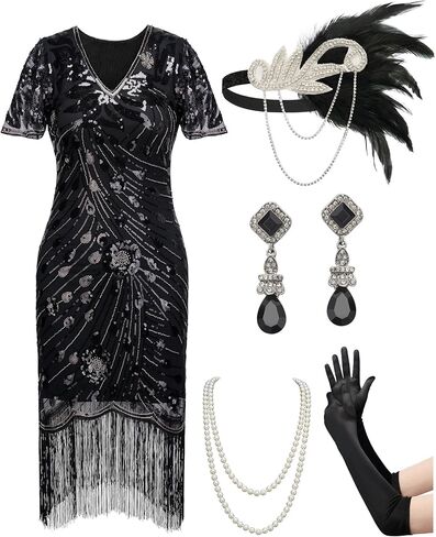 Flapper Dresses 1920s,Great Gatsby Dresses for Women Fringe Roaring 20s Costumes with 20s Accessories for Harlem Nights in Saudi Arabia