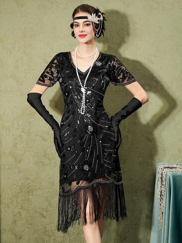 Flapper Dresses 1920s,Great Gatsby Dresses for Women Fringe Roaring 20s Costumes with 20s Accessories for Harlem Nights in Saudi Arabia