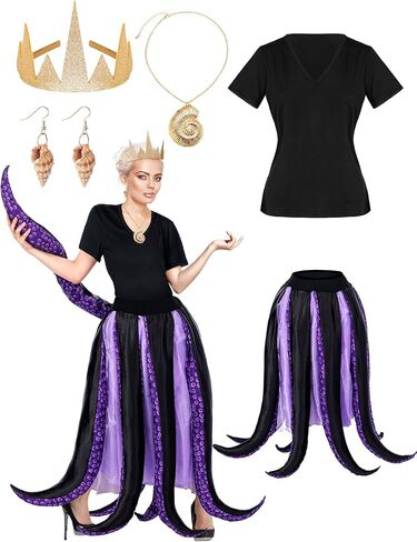 5 Pcs Women's Halloween Sea Costume Purple Octopus Cosplay Costume Black Purple Tentacle Skirt Gold Necklace (Small) in Saudi Arabia