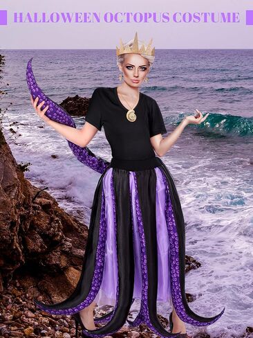 5 Pcs Women's Halloween Sea Costume Purple Octopus Cosplay Costume Black Purple Tentacle Skirt Gold Necklace (Small) in Saudi Arabia