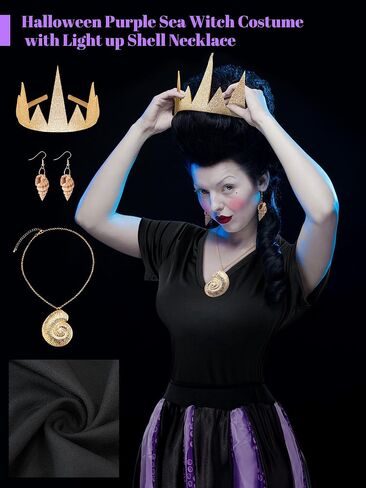 5 Pcs Women's Halloween Sea Costume Purple Octopus Cosplay Costume Black Purple Tentacle Skirt Gold Necklace (Small) in Saudi Arabia