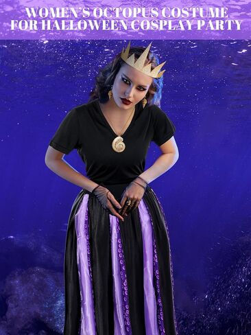 5 Pcs Women's Halloween Sea Costume Purple Octopus Cosplay Costume Black Purple Tentacle Skirt Gold Necklace (Small) in Saudi Arabia