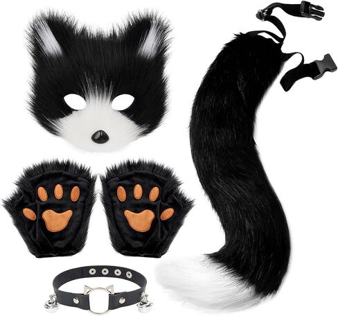 QinRuan Therian Mask Animal Wolf Paw Gloves & Furry Cat Ears Collar Set with Fox Tail - Cosplay Costume Kit in Saudi Arabia