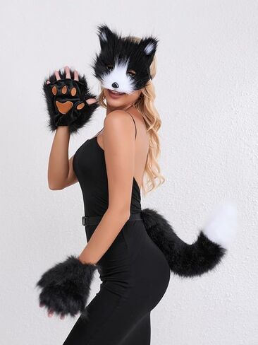 QinRuan Therian Mask Animal Wolf Paw Gloves & Furry Cat Ears Collar Set with Fox Tail - Cosplay Costume Kit in Saudi Arabia