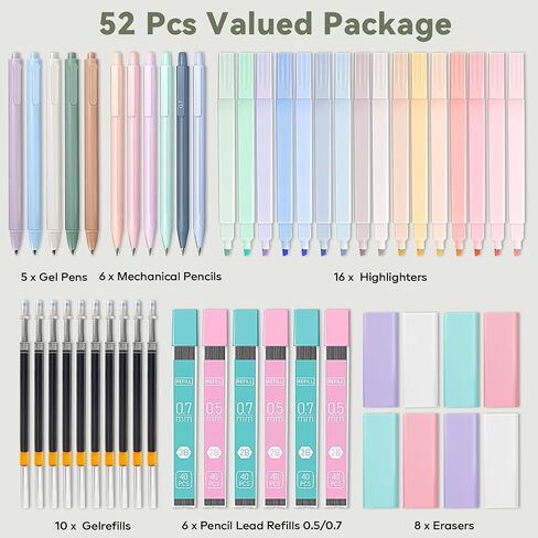 52 PCS Aesthetic School Supplies with Cute Pencil Case, Stationery Essentials with Pens Pencils and Pastel Highlighters Set, College Back to School Supplies for Teen Girls, Office Supplies in Saudi Arabia