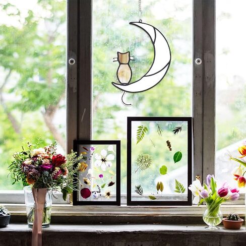 Orange Tabby Cat Decor On White Moon Stained Glass Window Black Cat Decor Suncatcher Hanging Ornament Gift for Mom Cat Memorial Gifts for Cat Lovers Pet Loss Sympathy Gift D3-YLSDMDS (Sit) in Saudi Arabia