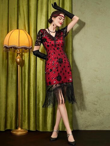 Flapper Dresses 1920s,Great Gatsby Dresses for Women Fringe Roaring 20s Costumes with 20s Accessories for Harlem Nights in Saudi Arabia
