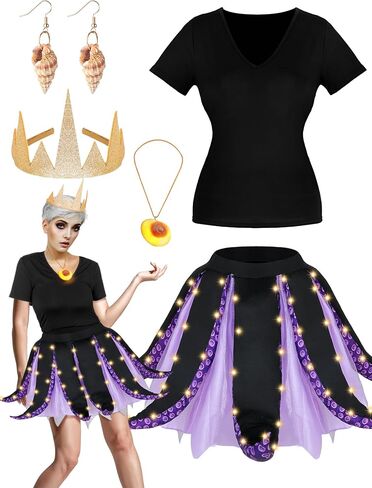 5 Pcs Women's Halloween Sea Costume Purple Octopus Cosplay Costume Black Purple Tentacle Skirt Gold Necklace (Small) in Saudi Arabia
