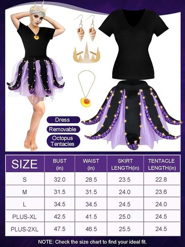5 Pcs Women's Halloween Sea Costume Purple Octopus Cosplay Costume Black Purple Tentacle Skirt Gold Necklace (Small) in Saudi Arabia