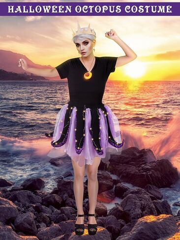 5 Pcs Women's Halloween Sea Costume Purple Octopus Cosplay Costume Black Purple Tentacle Skirt Gold Necklace (Small) in Saudi Arabia