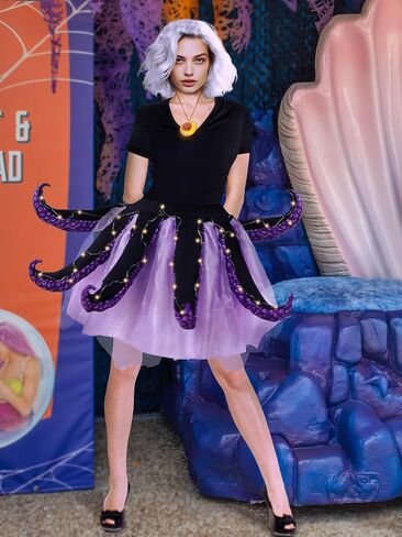 5 Pcs Women's Halloween Sea Costume Purple Octopus Cosplay Costume Black Purple Tentacle Skirt Gold Necklace (Small) in Saudi Arabia
