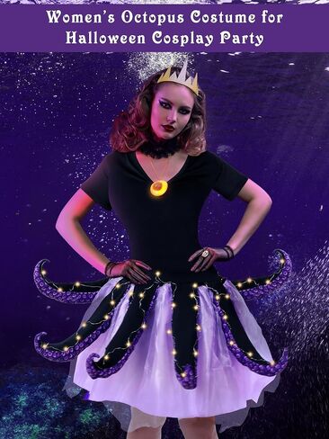 5 Pcs Women's Halloween Sea Costume Purple Octopus Cosplay Costume Black Purple Tentacle Skirt Gold Necklace (Small) in Saudi Arabia