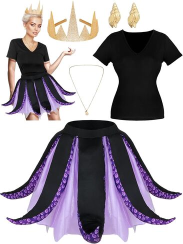 5 Pcs Women's Halloween Sea Costume Purple Octopus Cosplay Costume Black Purple Tentacle Skirt Gold Necklace (Small) in Saudi Arabia
