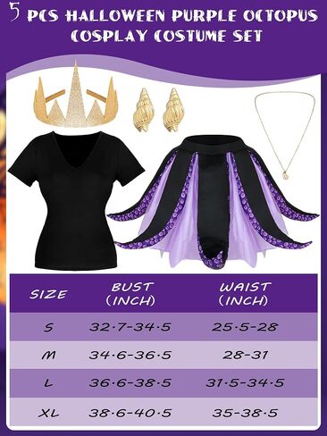 5 Pcs Women's Halloween Sea Costume Purple Octopus Cosplay Costume Black Purple Tentacle Skirt Gold Necklace (Small) in Saudi Arabia