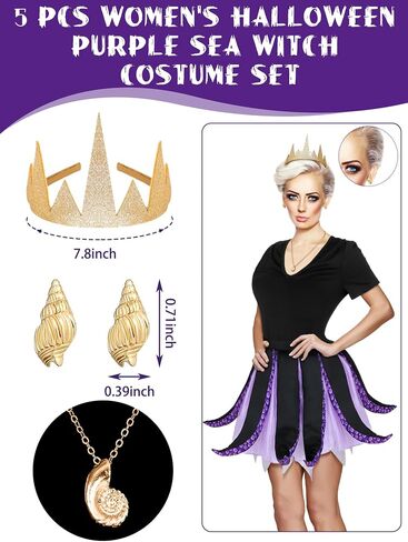 5 Pcs Women's Halloween Sea Costume Purple Octopus Cosplay Costume Black Purple Tentacle Skirt Gold Necklace (Small) in Saudi Arabia