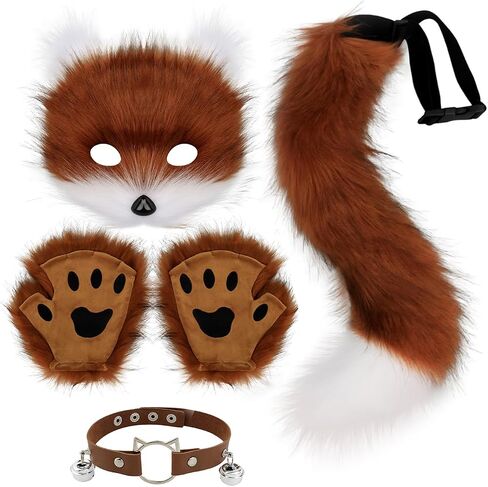 QinRuan Therian Mask Animal Wolf Paw Gloves & Furry Cat Ears Collar Set with Fox Tail - Cosplay Costume Kit in Saudi Arabia