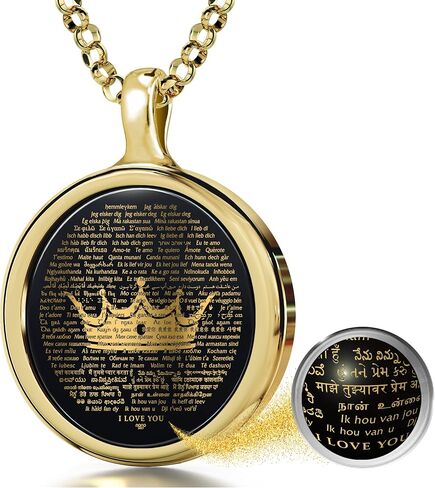 NanoStyle Women's Over 100 Languages I Love You Necklace Pure Gold Inscribed in Miniature Detail with Her Queen's Crown on Round Black Onyx Gemstone Pendant for Birthday Gift, 18" Rolo Chain in Saudi Arabia