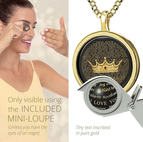 NanoStyle Women's Over 100 Languages I Love You Necklace Pure Gold Inscribed in Miniature Detail with Her Queen's Crown on Round Black Onyx Gemstone Pendant for Birthday Gift, 18" Rolo Chain in Saudi Arabia
