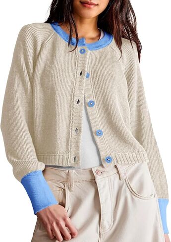 Saodimallsu Womens Cropped Cardigan Sweaters Button Down Open Front Long Sleeve Fall Trendy Color Block Knit Coats in Kuwait