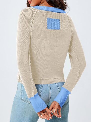 Saodimallsu Womens Cropped Cardigan Sweaters Button Down Open Front Long Sleeve Fall Trendy Color Block Knit Coats in Kuwait