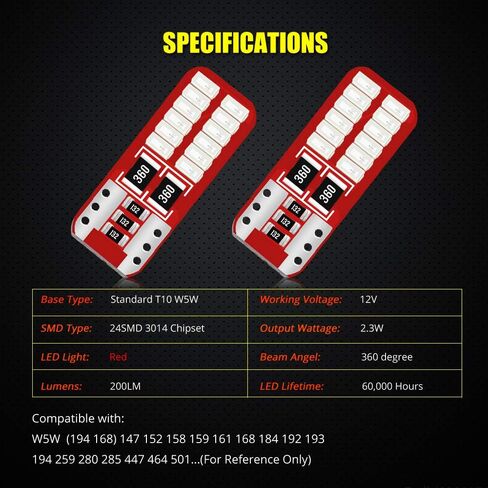 YEORO 194 168 LED Bulb Super Bright 24-SMD 3014 Chips Error Free 2825 W5W T10 Wedge LED Replacement Bulbs for Car Interior Dome Map Door Courtesy License Plate Lights White.(10-Pack). in Saudi Arabia