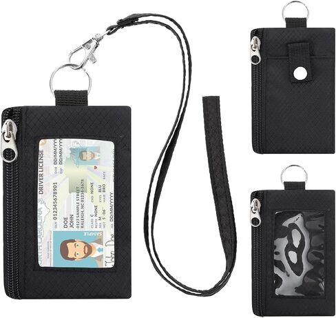Minimalist Small Wallet for Men Women with 2 Zip Pockets, Water Resistant ID Case with Keychain and Card Holder, Coin Purse Badge Lanyard Pouch for Boys Girls Travel -Black in Saudi Arabia