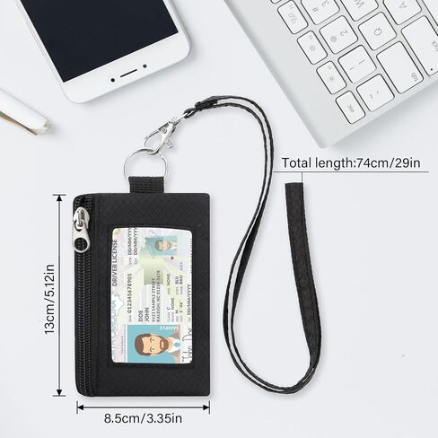Minimalist Small Wallet for Men Women with 2 Zip Pockets, Water Resistant ID Case with Keychain and Card Holder, Coin Purse Badge Lanyard Pouch for Boys Girls Travel -Black in Saudi Arabia