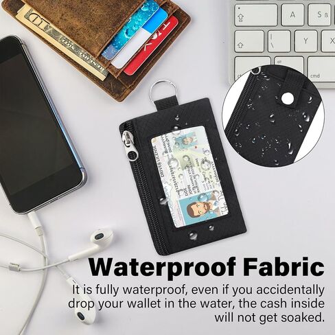 Minimalist Small Wallet for Men Women with 2 Zip Pockets, Water Resistant ID Case with Keychain and Card Holder, Coin Purse Badge Lanyard Pouch for Boys Girls Travel -Black in Saudi Arabia