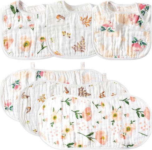 Zainpe 6Pcs Snap Cotton Muslin Baby Burp Cloths & Bibs Set Soft Absorbent Drooling Bibs Adjustable Face Towels in Saudi Arabia