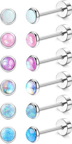 FIBO STEEL G23 Titanium Flat Back Earrings for Women Men Hypoallergenic Opal CZ Ball Tiny Studs Earrings Set for Multiple Piercings Cartilage Helix Tragus Flatback Earrings 6 Pairs 2mm/4mm in Saudi Arabia